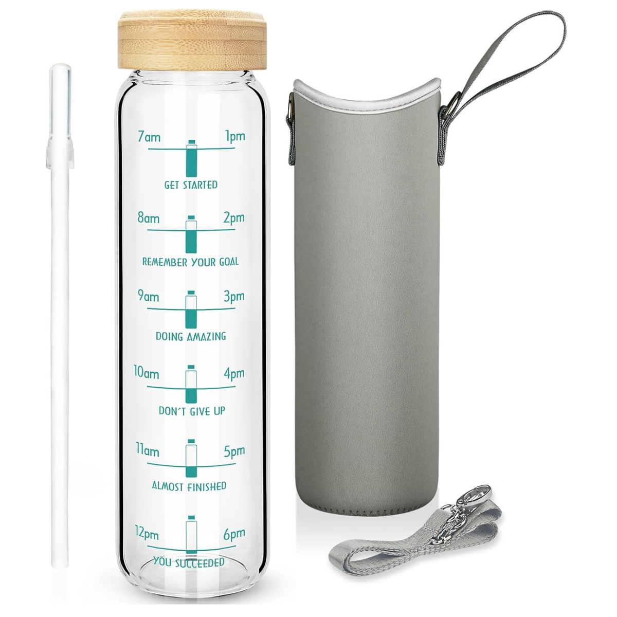 32 oz Borosilicate Glass Water Bottle with Straw, Time Marker & Bamboo Lid