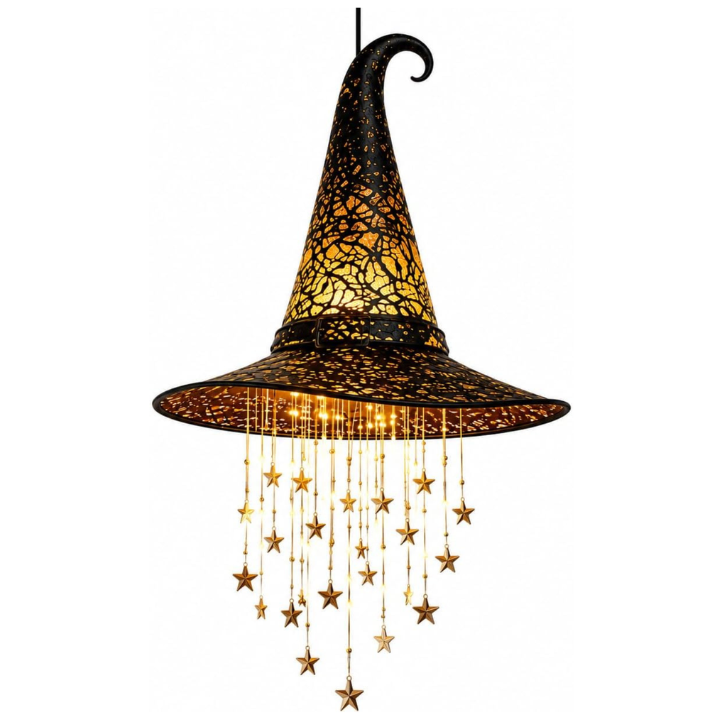 Lighted Witch Hat Hanging Decor with Star Lights for Halloween