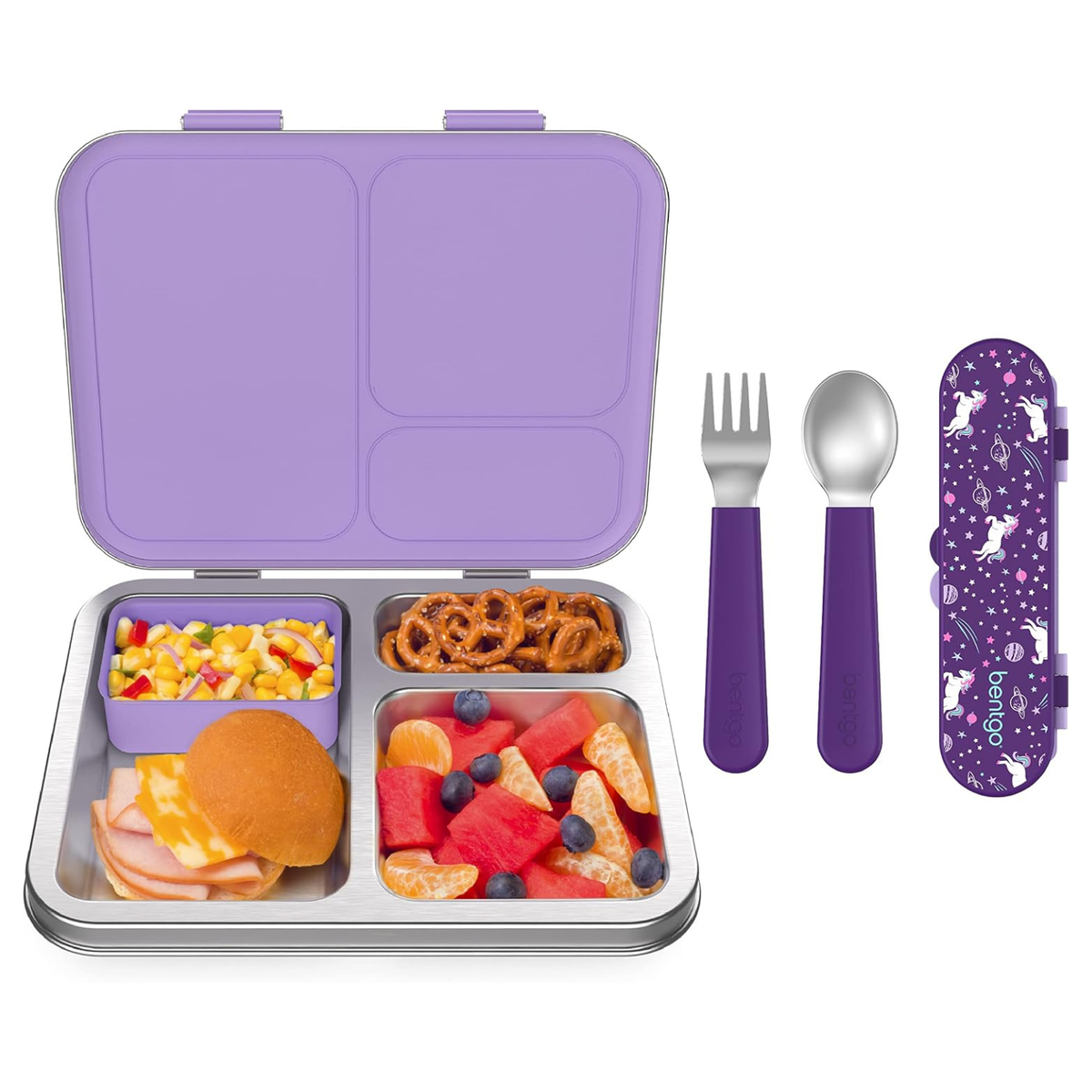 Kids Stainless Steel Prints Lunch Box Set With Reusable Stainless Steel Utensils (Unicorn)