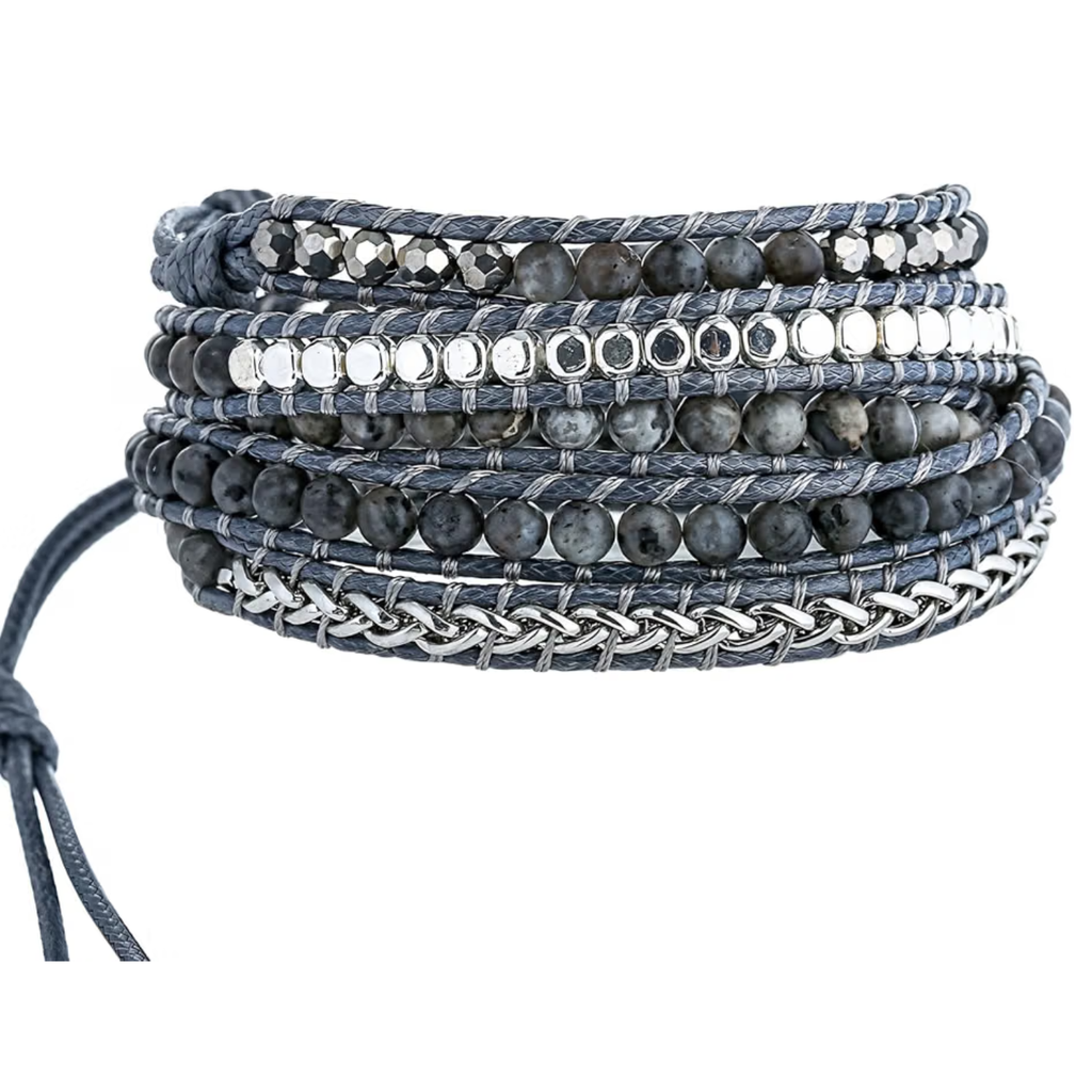 Bohemian Handmade Bracelet, Multi-Layer Natural Stone Crystal Bead Wrap Bracelet in Silver Gray