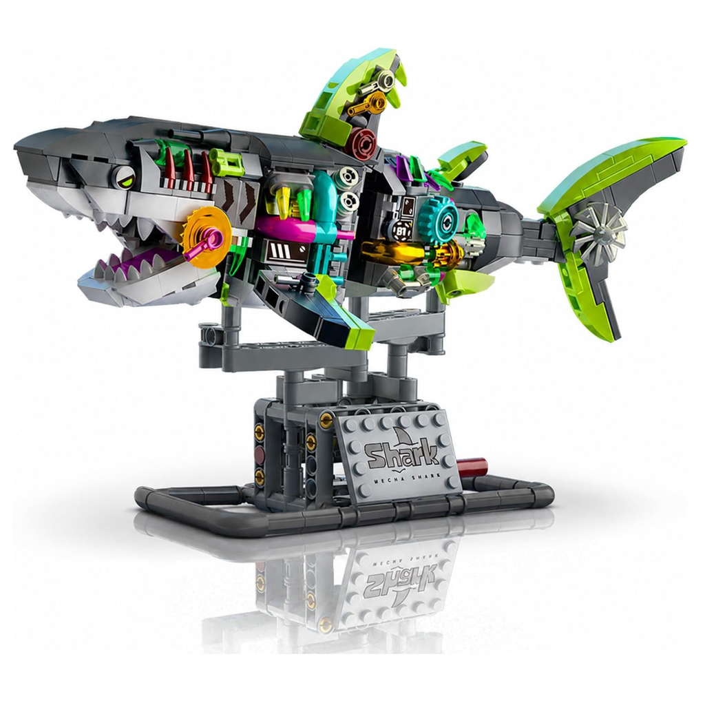 Mechanical Shark Building Set, Glow Shark Model with Rotatable Joints & Stand