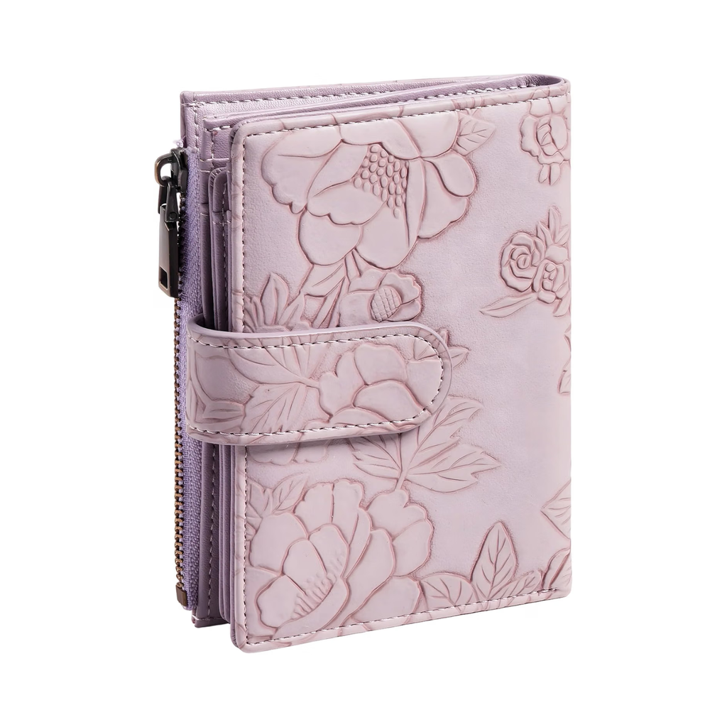 Wallet for Women, Embossed PU Leather Trifold Short Purse, RFID Blocking Credit Card Holder with Card Slots, Coin Pocket, Buckle Closure, Metallic Zipper