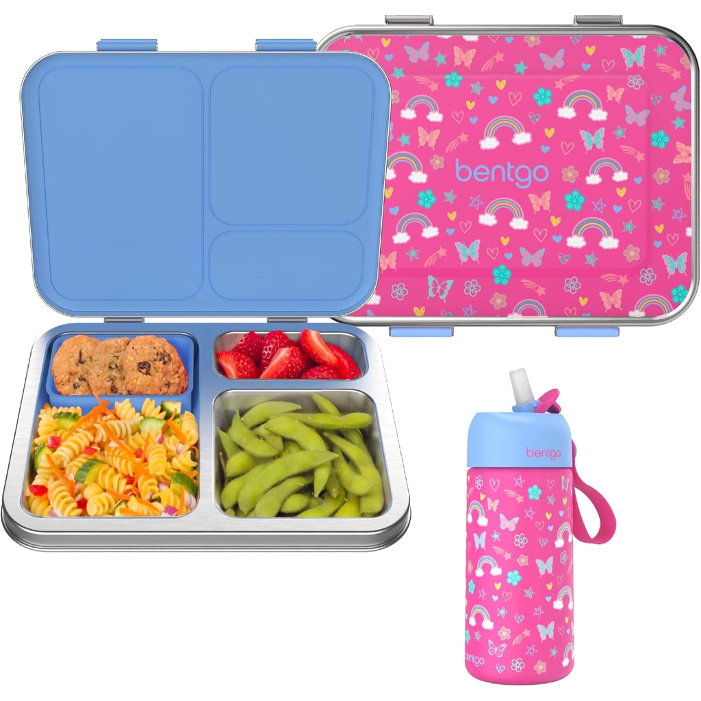 Kids Stainless Steel Lunch Box and Water Bottle Set (Rainbows & Butterflies)