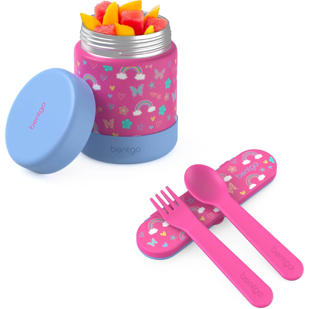 Kids Stainless Steel Food Jar and Reusable Plastic Utensils Set