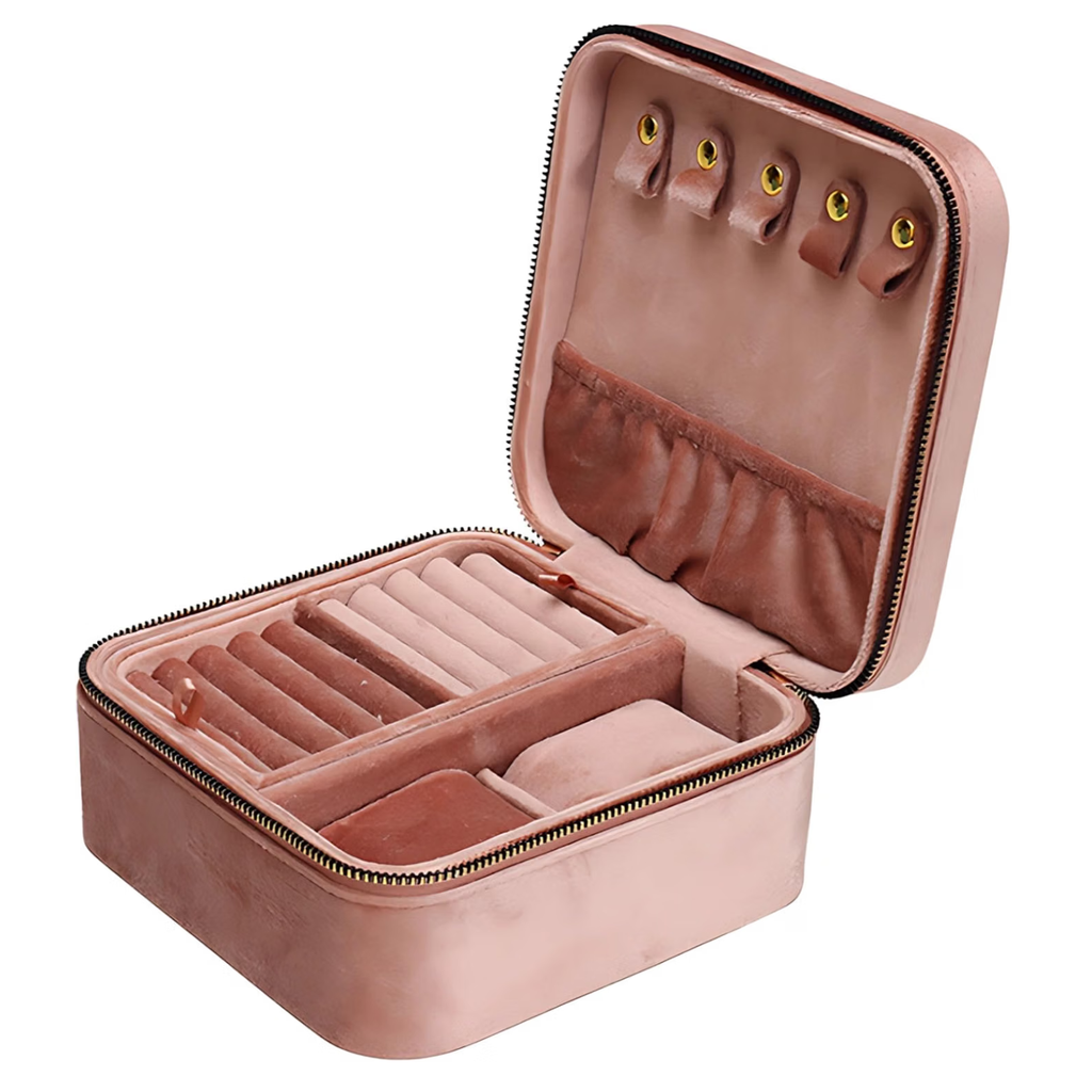 Pink Jewelry Storage Box, Double-Layer Velveteen Organizer with Zipper for Rings, Necklaces & B
