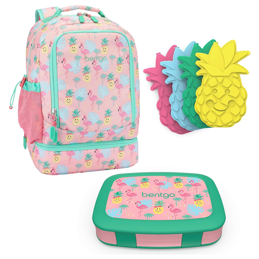 2-in-1 Backpack & Insulated Lunch Bag Set With Kids Prints Lunch Box and 4 Reusable Ice Packs (Tropical)