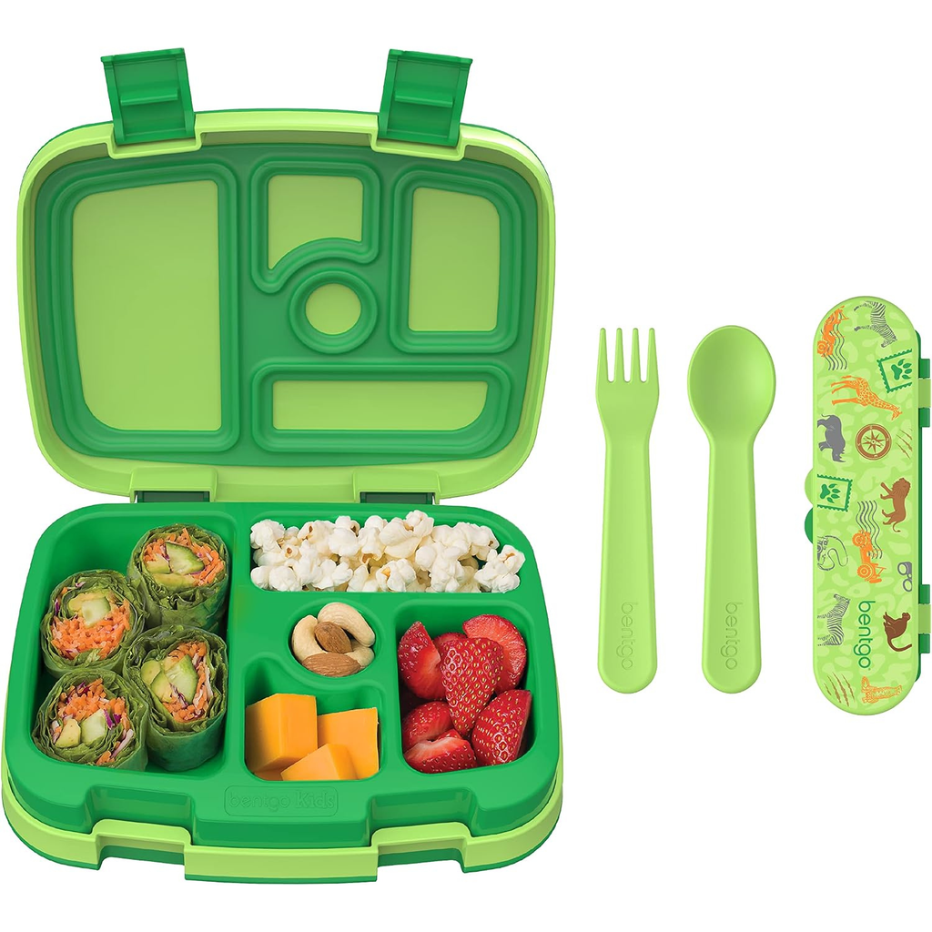 Kids Prints 5-Compartment Bento-Style Kids Lunch Box Set with Reusable Plastic Utensils (Safari)