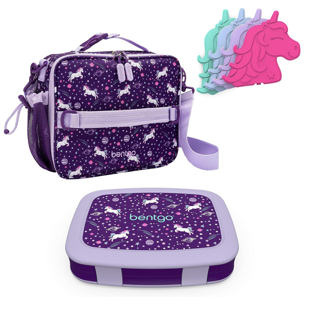 Prints Insulated Lunch Bag Set With Kids Bento-Style Lunch Box and 4 Reusable Ice Packs (Unicorn)