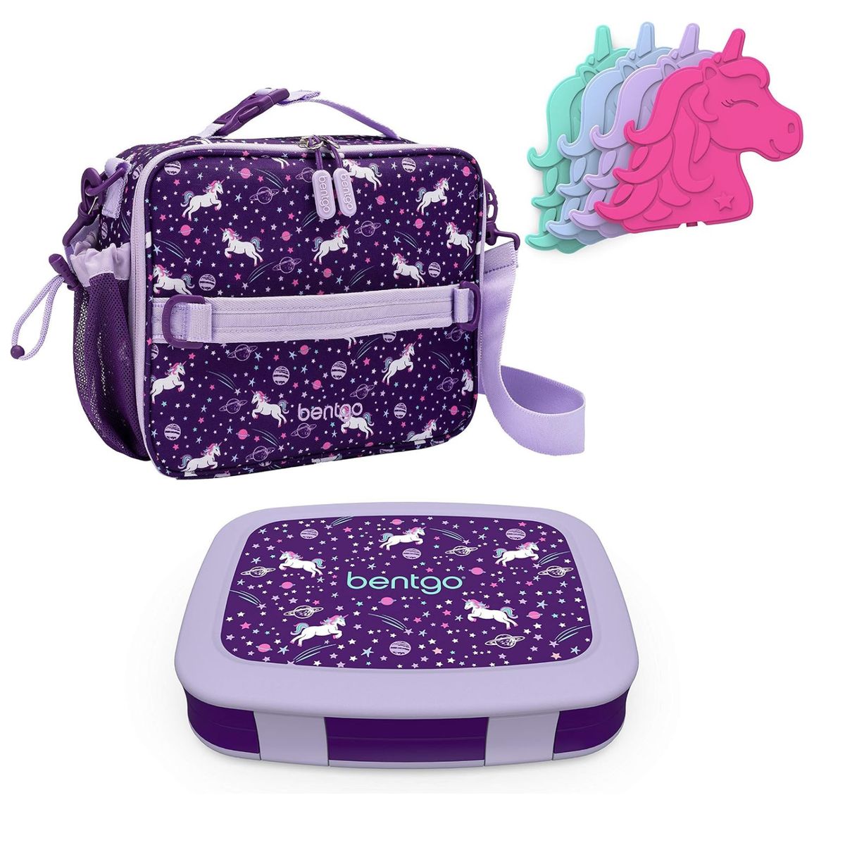 Prints Insulated Lunch Bag Set With Kids Bento-Style Lunch Box and 4 Reusable Ice Packs (Unicorn)