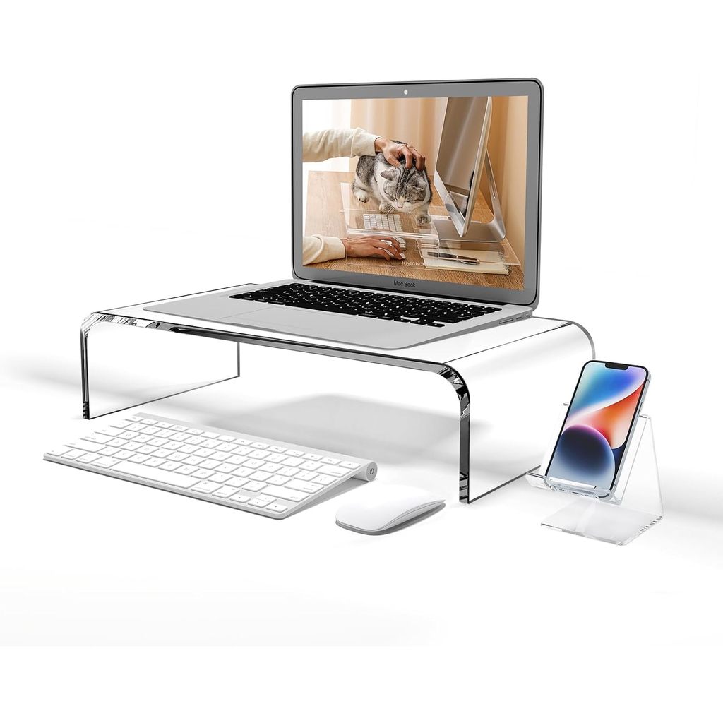 Acrylic Monitor Stand, Clear Laptop Riser with Phone Stand, 16 x 8 x 4 in
