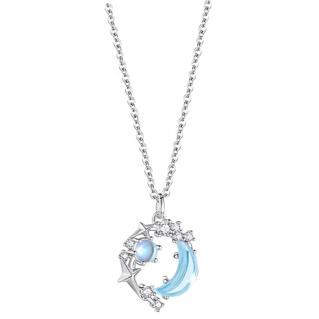 S999 Sterling Silver Moon & Star Necklace, Blue Gemstone Pendant with 17.72-Inch Chain