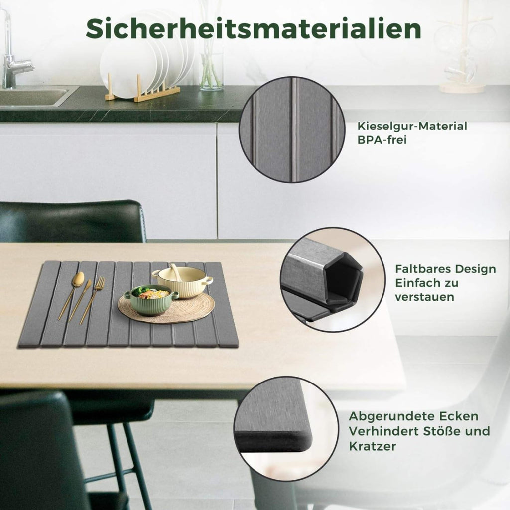 Diatomite Stone Dish Drying Mat for Kitchen Counter (24" x 16") ‚Äì Foldable Roll-Up Diatomaceous Earth Fast Drying Board, Super Absorbent Heat-Resistant Mat for Tableware, Cups & Bathroom (Dark Gray)