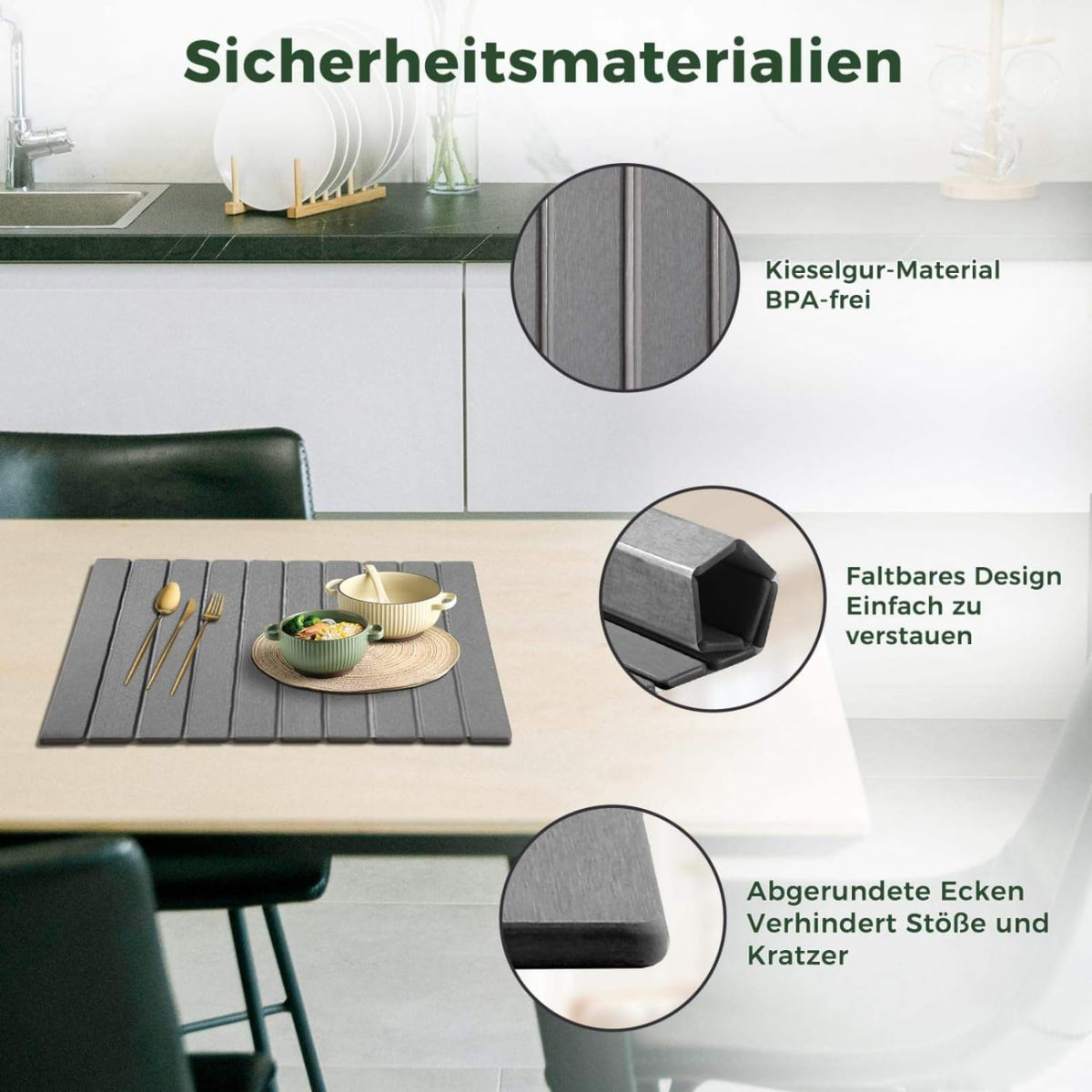 Diatomite Stone Dish Drying Mat for Kitchen Counter (24" x 16") ‚Äì Foldable Roll-Up Diatomaceous Earth Fast Drying Board, Super Absorbent Heat-Resistant Mat for Tableware, Cups & Bathroom (Dark Gray)