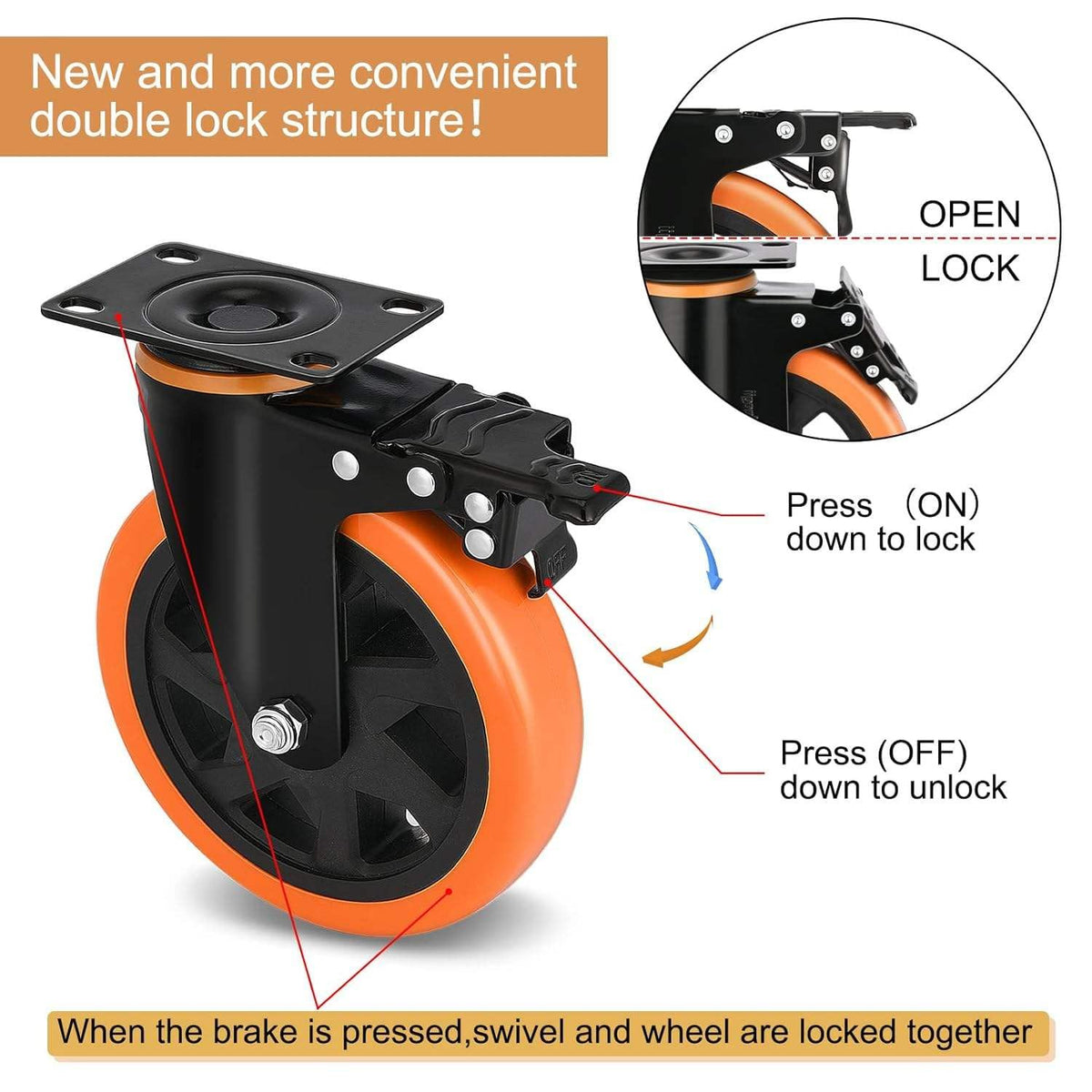 6 Inch Caster Wheels Set of 4 ‚Äì 1390 Lbs Load Capacity with Safety Dual Locking AB Brake with Mounting Bolts