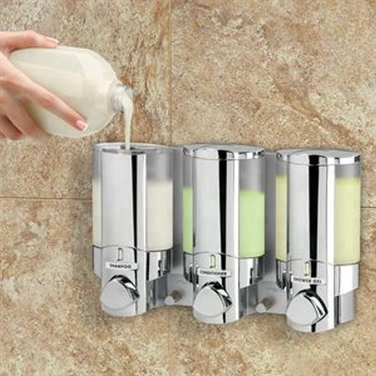 Better Living Products 3 Chamber Wall Mount Soap Dispenser - Triple Manual Liquid Pump for Shampoo, Conditioner & Shower Gel - Refillable Dispenser Set with Storage Hooks for Bathroom