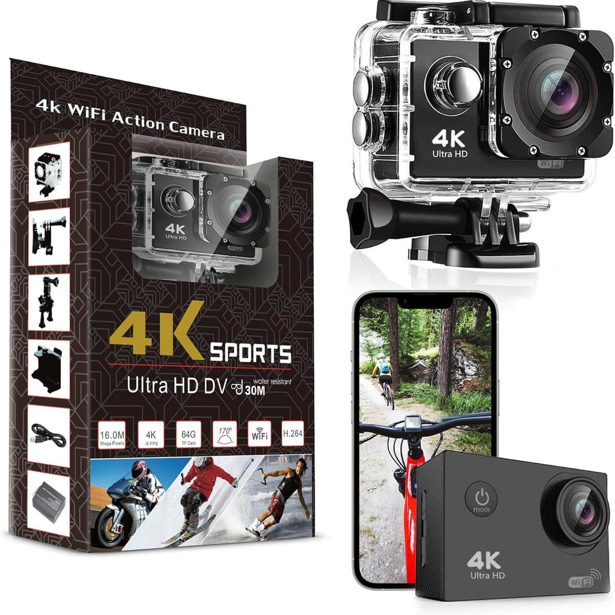 4K Ultra HD Sports Action Camera 16MP Underwater Waterproof Camcorder up to 30M (98ft) with WiFi Control