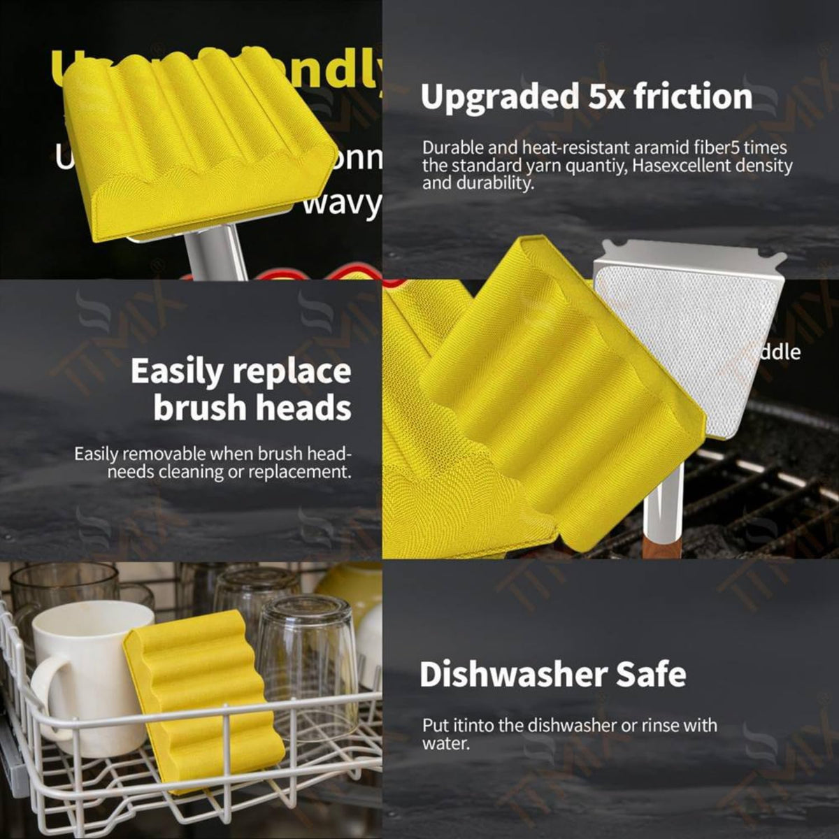 Bristle Free Steam Grill Brush with Wood Handle – Water Activated BBQ Cleaner with Replaceable Scraper Head– 5X Friction Aramid Fiber Pad, Dishwasher Safe & Safe for All Grates, Griddles & Outdoor BBQ
