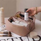 Large Capacity Travel Makeup Bag - Waterproof PU Leather Toiletry Bag with Top Handle