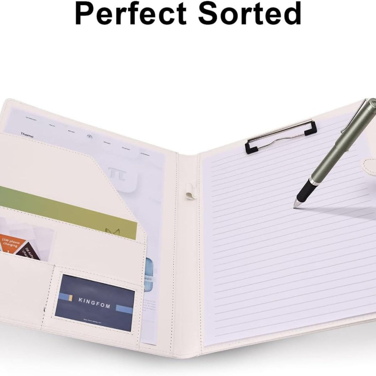 Professional Business Padfolio Clipboard Folder, PU Leather Resume Portfolio with Magnetic Closure, Letter/A4 Document Organizer Case Holder for Men Women Interview Meeting (White)