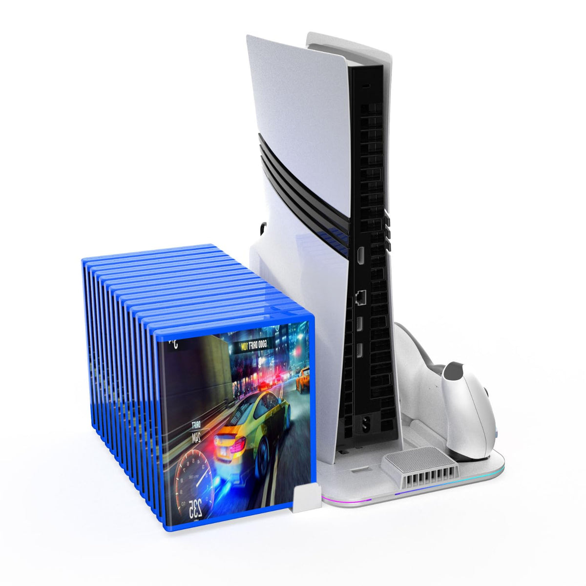 White Vertical Cooling Stand with Dual Controller Charging Dock, Silent Cooling Fan Base, Headset Holder & Media Slots for Disc & Digital Edition Consoles with Type-C Cable