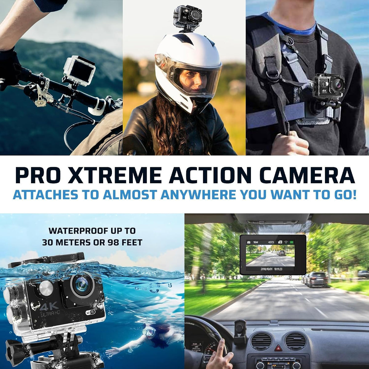 4K Ultra HD Sports Action Camera 16MP Underwater Waterproof Camcorder up to 30M (98ft) with WiFi Control
