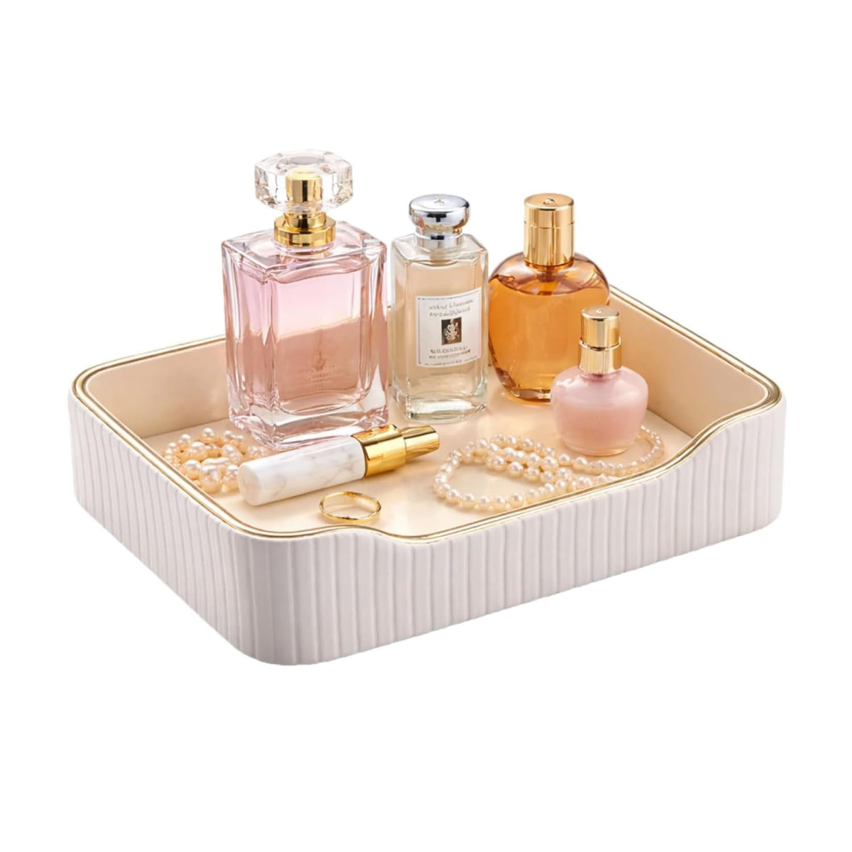 Perfume Tray, PU Leather Valet Tray Nightstand Organizer Tray, Decorative Vanity Catchall Tray with Gold Trim Rim