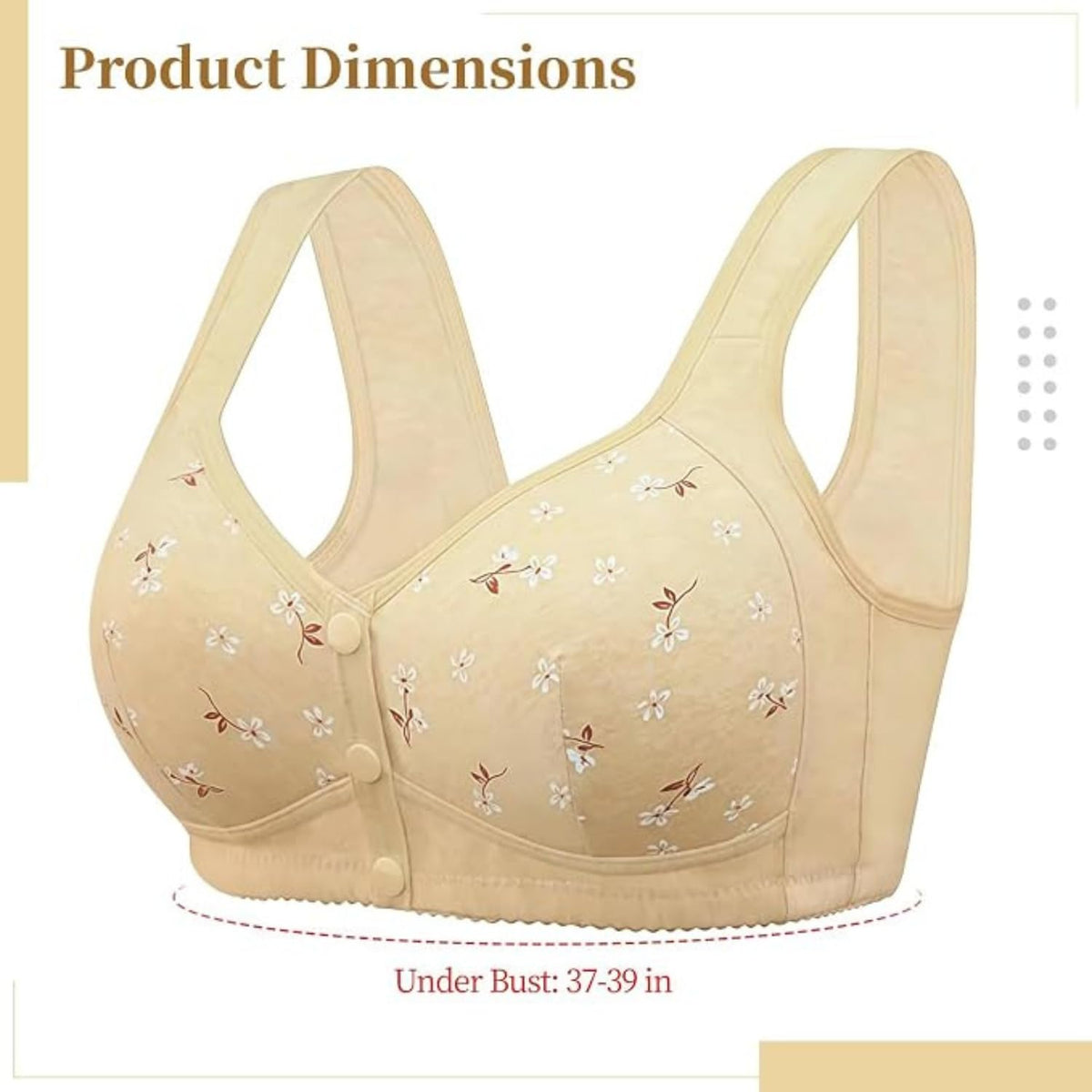 Front Closure Bra for Senior Women – Wireless Comfy Bralette with Front Snap Buttons, Soft Breathable Cotton Lining, Wide Shoulder Straps & Floral Print Accent, Full Coverage Wirefree Beige