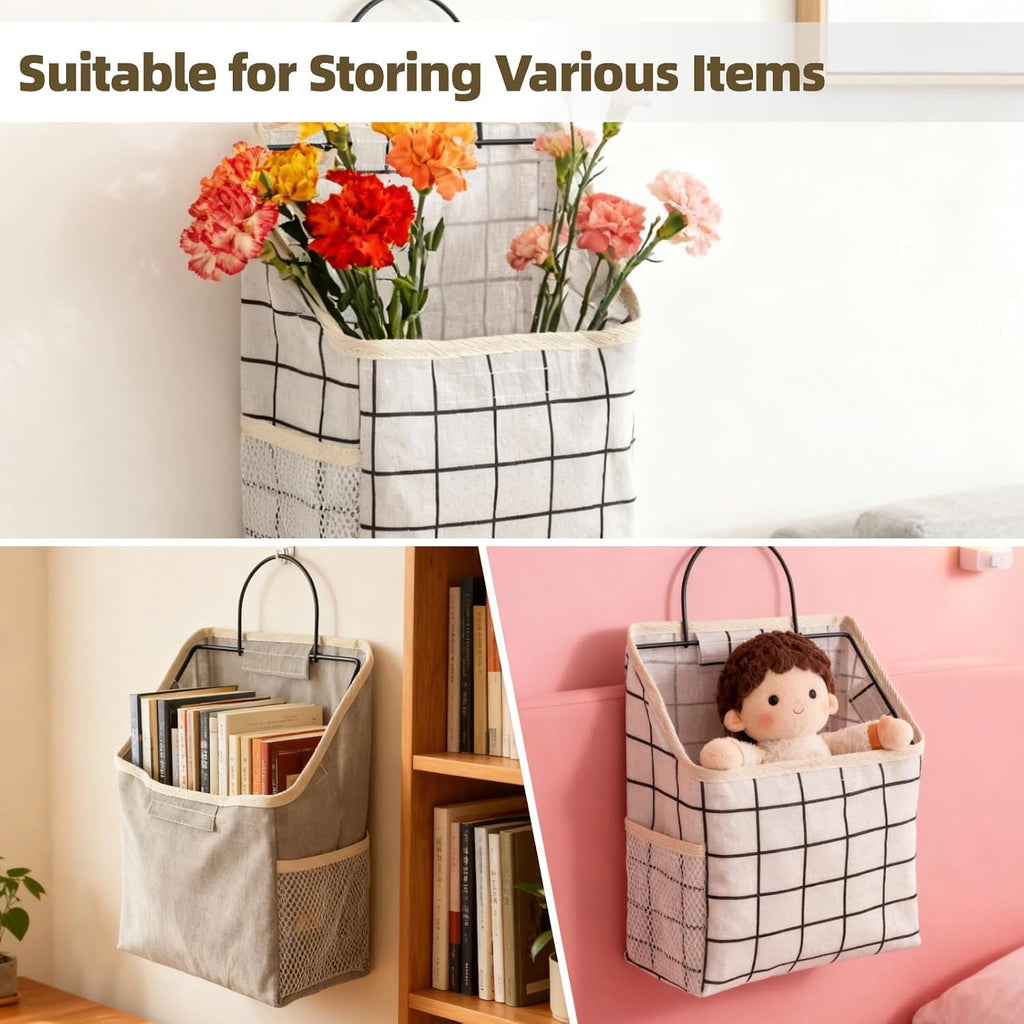3 Pcs Fabric Wall Hanging Storage Caddy Bag Set – Small Wall-Mounted Bedroom Organizer with Adhesive Hooks, Mesh Side Pockets & Wire Metal Frame, Grey, Black & White Plaid Hanging Baskets for Books