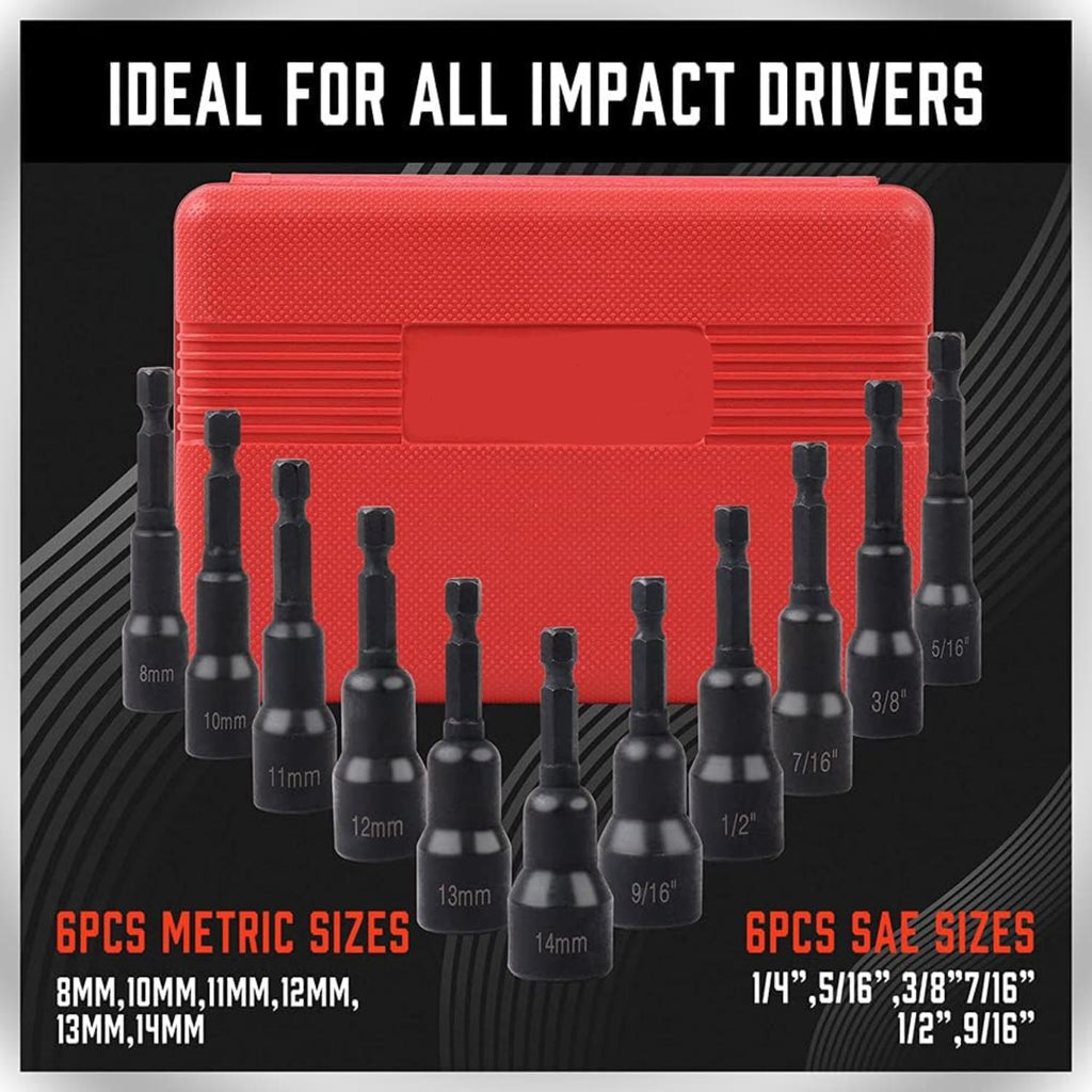 53-Piece Master Magnetic Impact Nut Driver Set – 1/4" Hex Shank Standard & Extended 6" Deep Nut Setters, SAE & Metric Sockets, Wing Nut Driver, Ratchet Wrench & Socket Adapters with Storage Cases