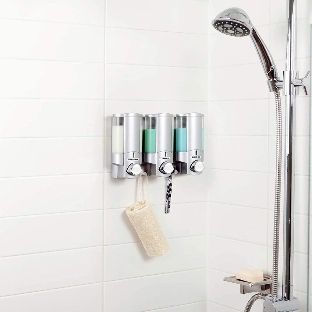 Better Living Products 3 Chamber Wall Mount Soap Dispenser - Triple Manual Liquid Pump for Shampoo, Conditioner & Shower Gel - Refillable Dispenser Set with Storage Hooks for Bathroom