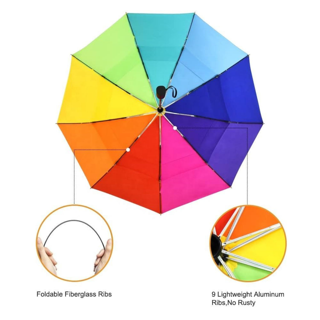 Rainbow Automatic Compact Travel Folding Umbrella - Large 44 Inch Canopy Arc, Windproof 9 Rib Fiberglass Frame, One-Touch Auto Open Close Portable Weather Shield for Men Women