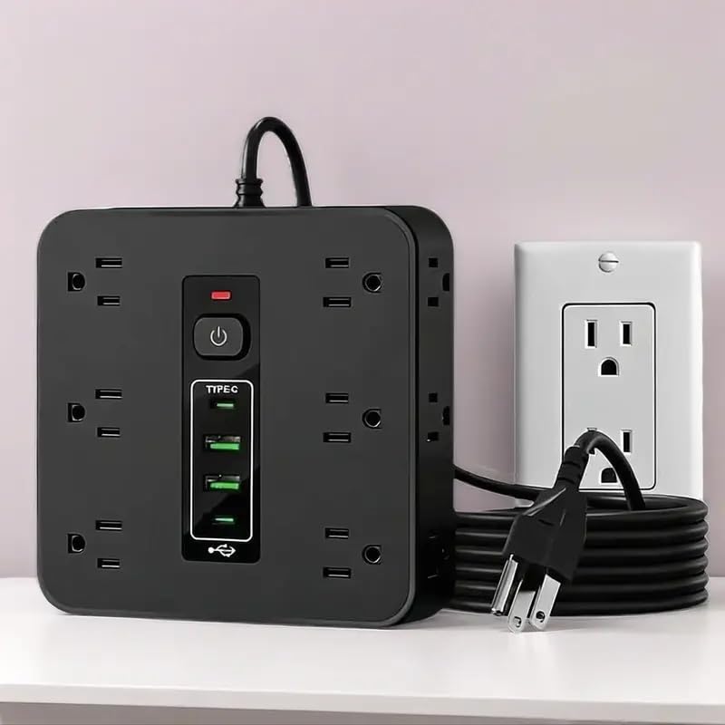 Surge Protector Power Strip - 12 Outlets with 4 USB Ports (1 USB C), 16-in-1 Extension Cord with 5ft Flat Plug