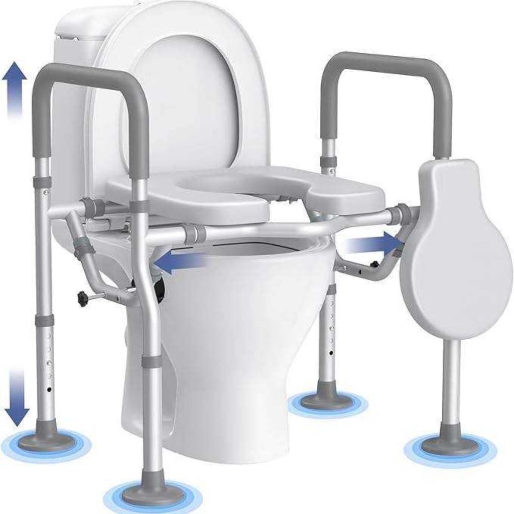 GAOBO Large Elevated Toilet Seat with Arms - Heavy Duty 400 lbs Aluminum Raised Toilet Seat Frame for Seniors, Handicap - 5 Height Adjustable Soft Padded Cushion Safety Rails, Post-Surgery Recovery