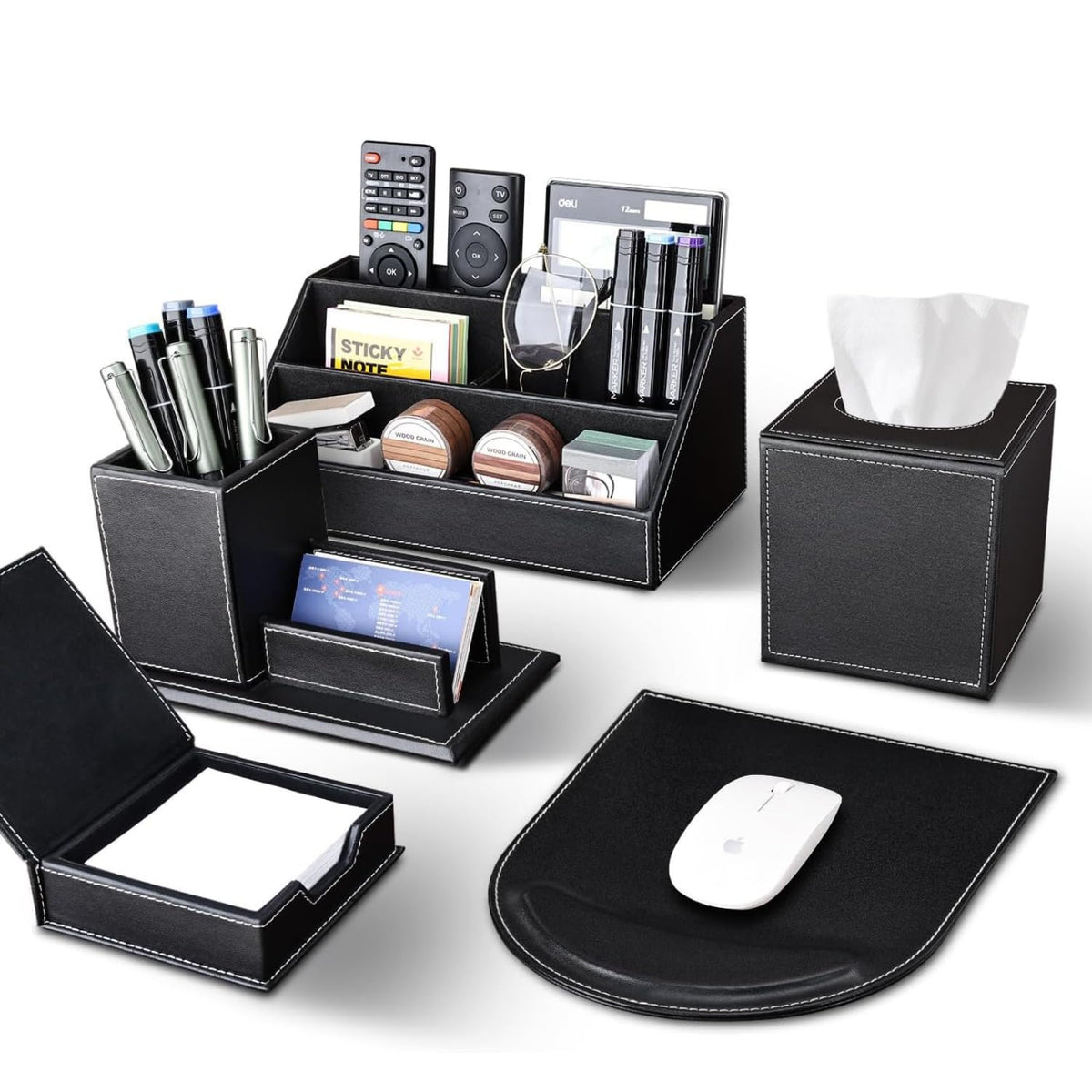 5 PCS PU Leather Desk Organizer and Accessories Set, Black Executive Office Desk Storage Set with Multi-Compartment