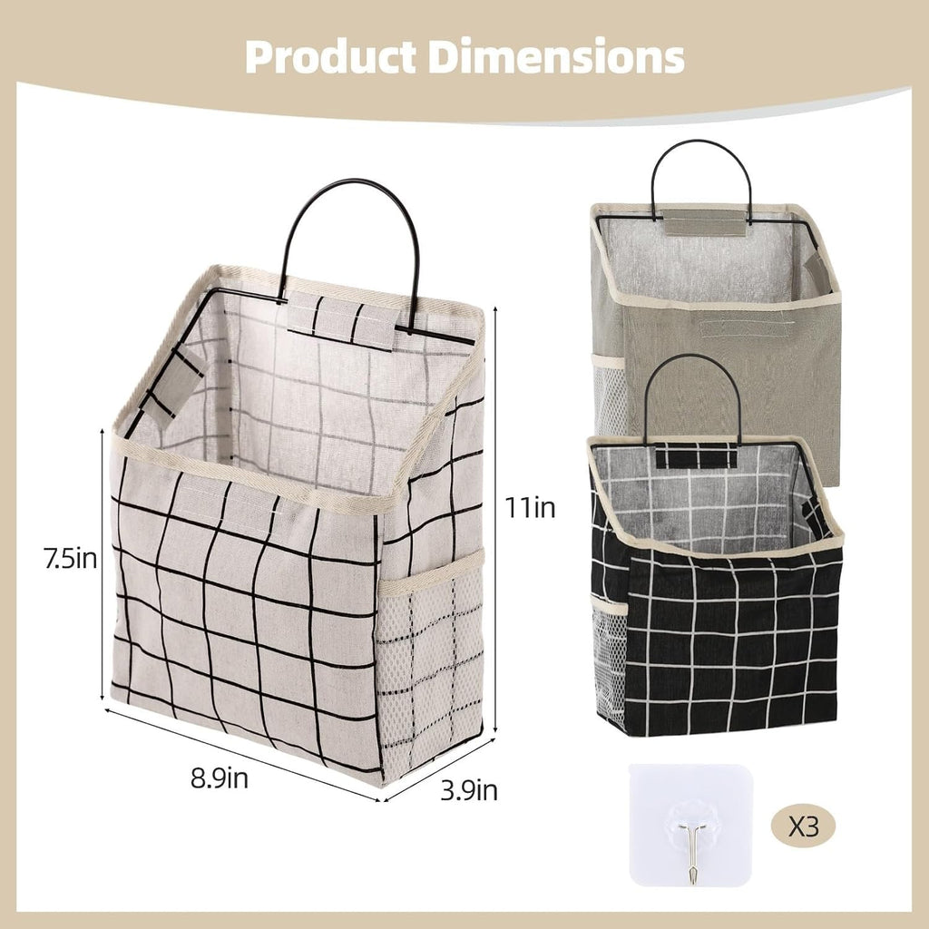 3 Pcs Fabric Wall Hanging Storage Caddy Bag Set – Small Wall-Mounted Bedroom Organizer with Adhesive Hooks, Mesh Side Pockets & Wire Metal Frame, Grey, Black & White Plaid Hanging Baskets for Books