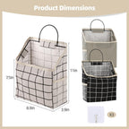 3 Pcs Fabric Wall Hanging Storage Caddy Bag Set – Small Wall-Mounted Bedroom Organizer with Adhesive Hooks, Mesh Side Pockets & Wire Metal Frame, Grey, Black & White Plaid Hanging Baskets for Books
