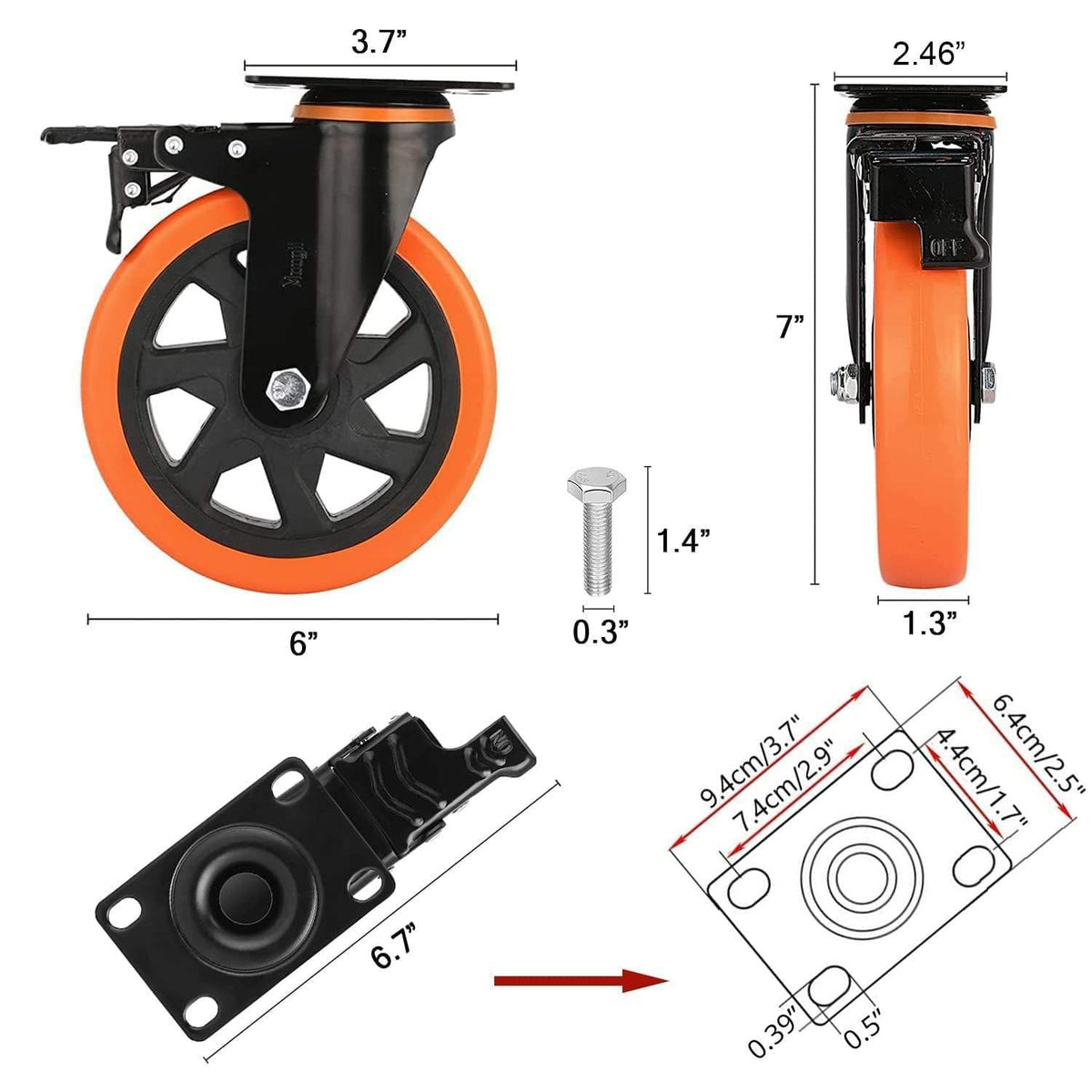 6 Inch Caster Wheels Set of 4 ‚Äì 1390 Lbs Load Capacity with Safety Dual Locking AB Brake with Mounting Bolts