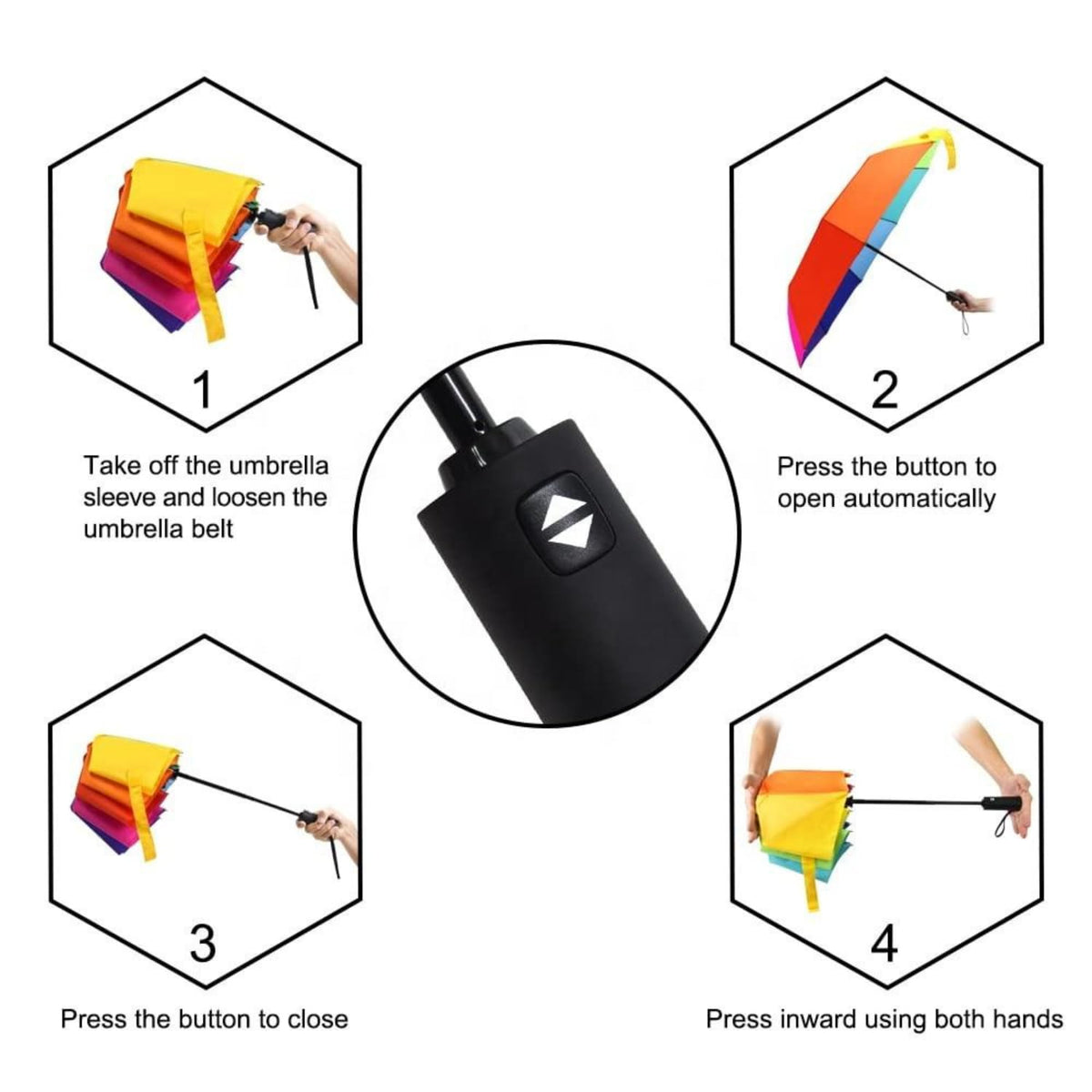 Rainbow Automatic Compact Travel Folding Umbrella - Large 44 Inch Canopy Arc, Windproof 9 Rib Fiberglass Frame, One-Touch Auto Open Close Portable Weather Shield for Men Women