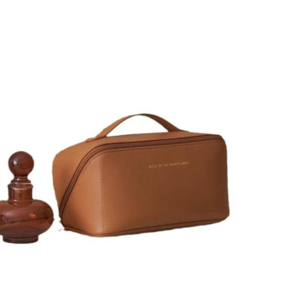 Large Capacity Travel Makeup Bag - Waterproof PU Leather Toiletry Bag with Top Handle