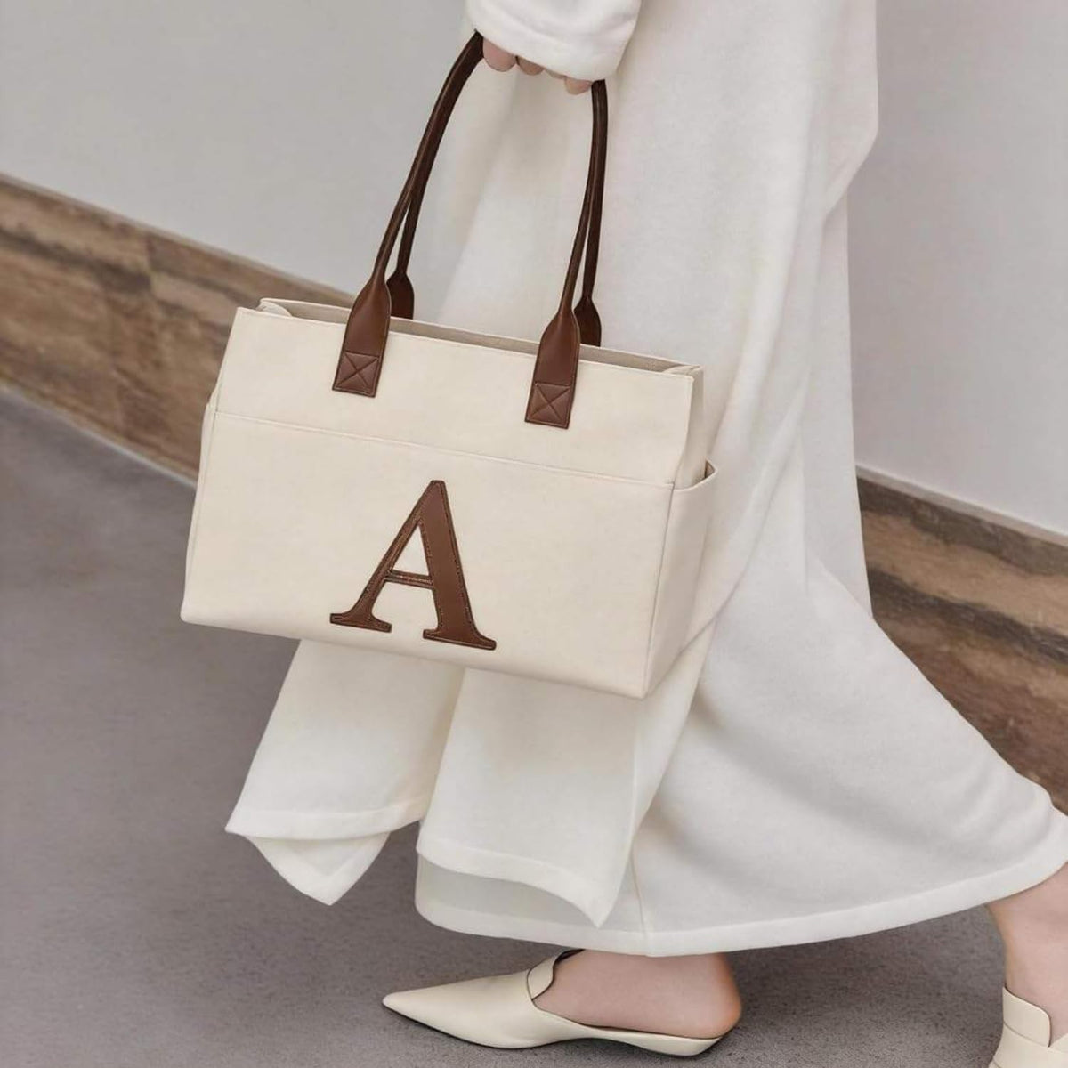 Personalized Initial Canvas Tote Bag Set with Matching Makeup Bags - Large Work Tote Bag with 15" Laptop Compartment