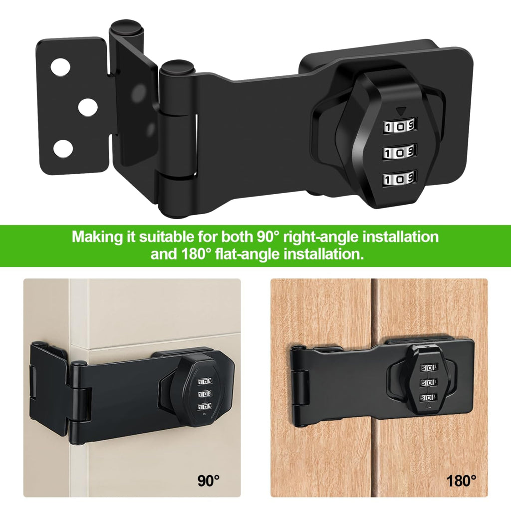 Mechanical Combination Cabinet Lock - 90 Degree and 180 Degree Collapsible Zinc Alloy Hasp Latch Lock, Keyless 3-Digit Code Security Lock for Cupboards, Cabinets, Drawers, Sheds & Doors