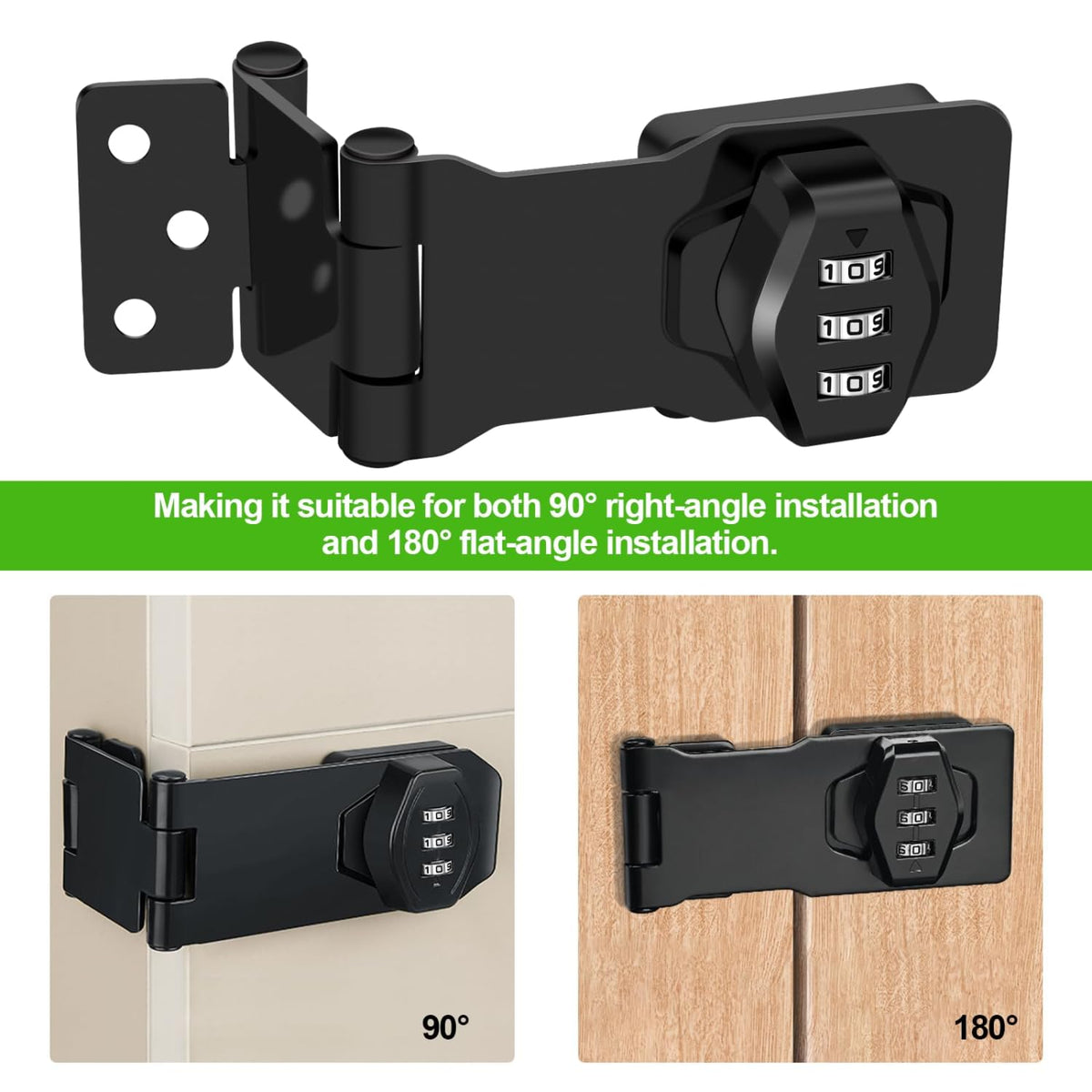 Mechanical Combination Cabinet Lock - 90 Degree and 180 Degree Collapsible Zinc Alloy Hasp Latch Lock, Keyless 3-Digit Code Security Lock for Cupboards, Cabinets, Drawers, Sheds & Doors