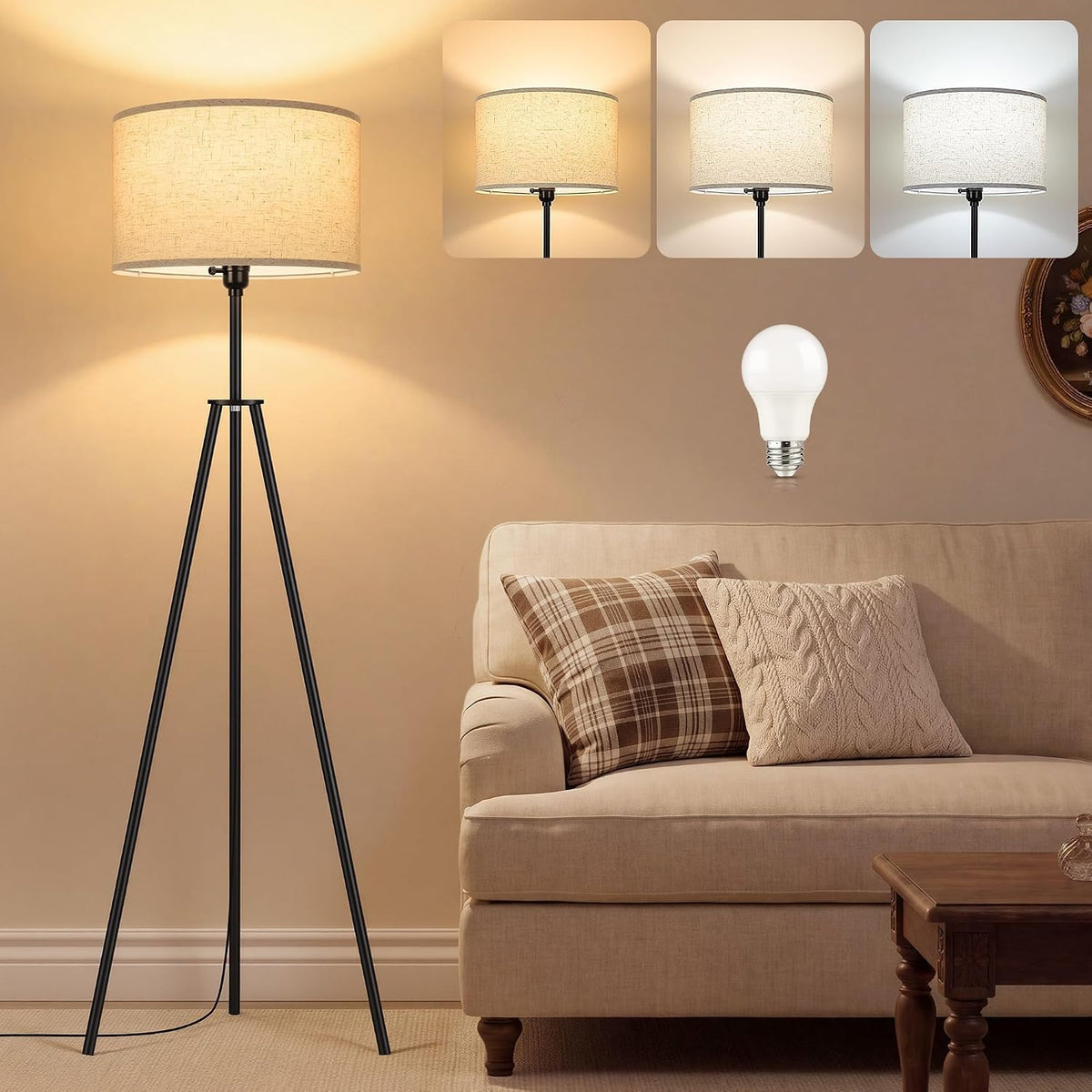 American Modern Floor Lamp Standing Pole Light Coffee Color Vertical Fabric Shade for Bedroom Living Room