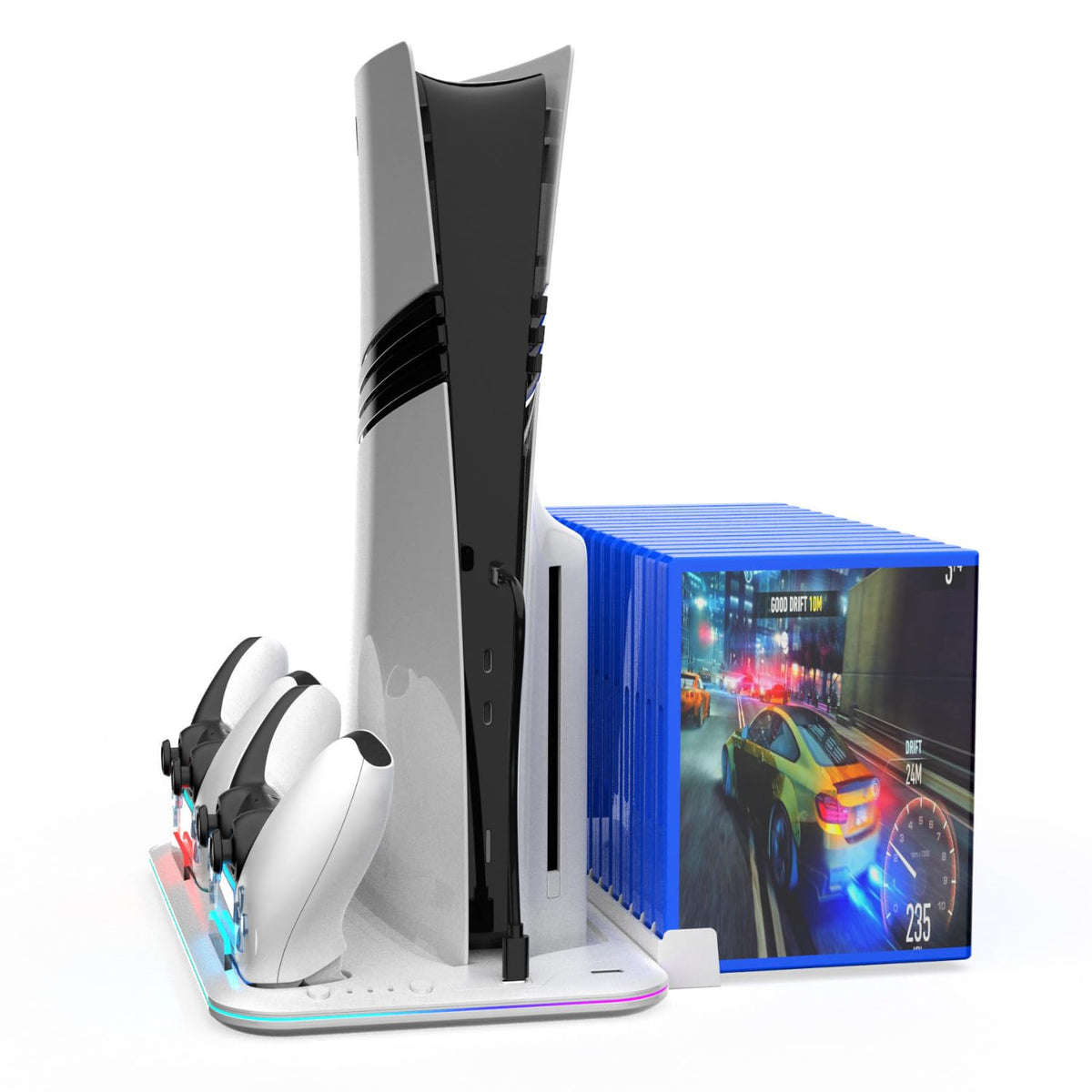 White Vertical Cooling Stand with Dual Controller Charging Dock, Silent Cooling Fan Base, Headset Holder & Media Slots for Disc & Digital Edition Consoles with Type-C Cable