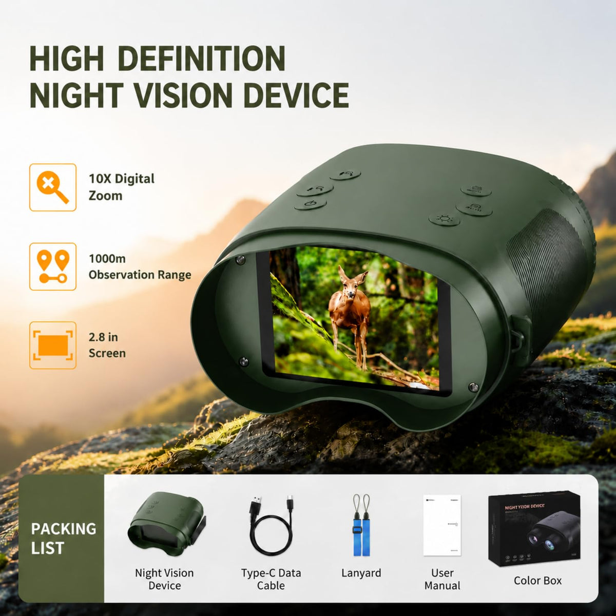 Digital Night Vision Binoculars for Adults, 10X Digital Zoom, 2.8" Screen, 1080P Video Recording, 7-Level IR Night Vision, 1000m Range