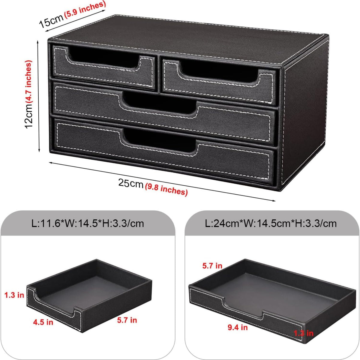 4-Drawer Leather Desktop Organizer Box, PU Leather Mini Storage Drawer Case, Office Desk Countertop Organizer Caddy for Stationery, Bills, Jewelry, Crafts, Accessories