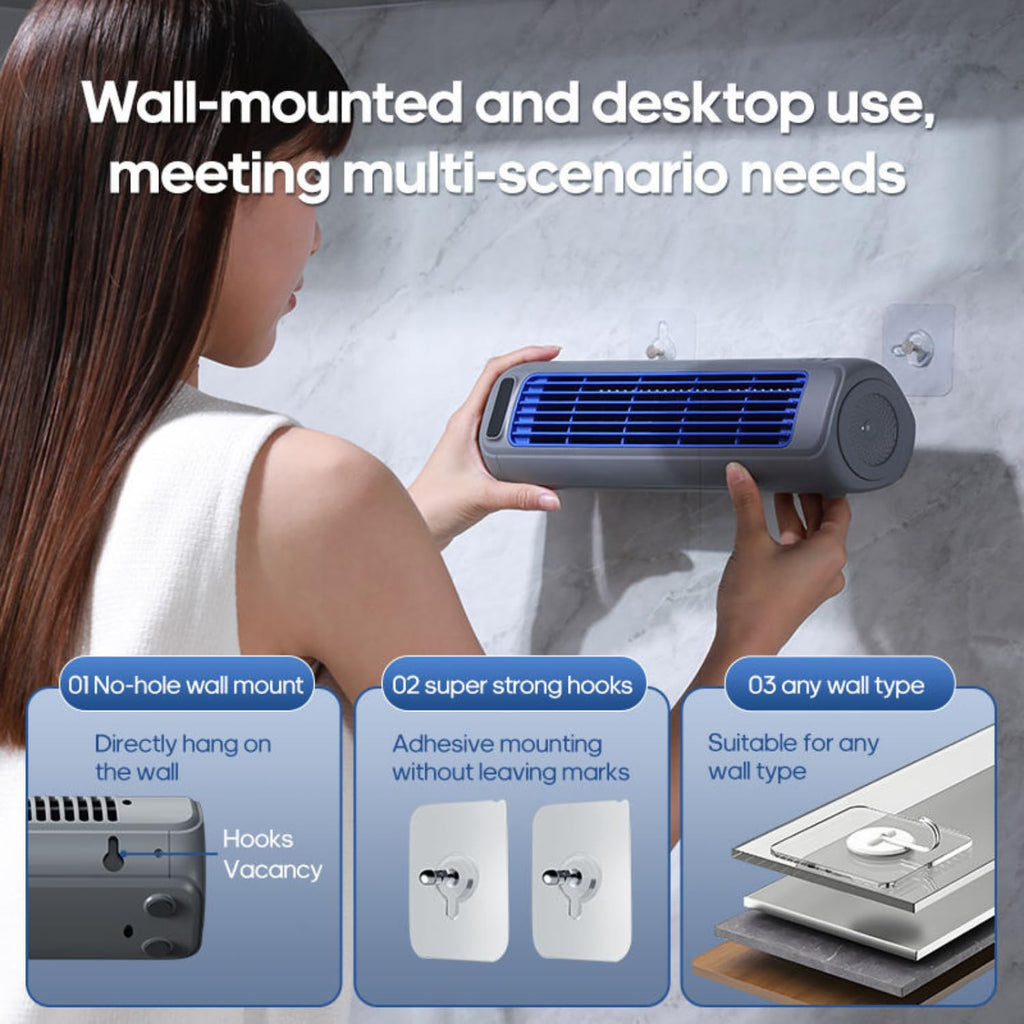 Portable Bladeless Mini Tower Fan, 2000mAh Rechargeable Air Circulator with 3 Speeds, Ultra-Quiet Operation, Wall Mount or Desktop Design for Bedroom, Kitchen & Office