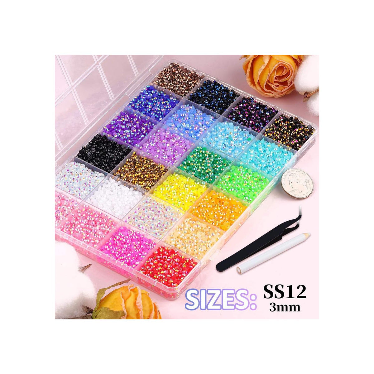 40,000 Pcs Resin Jelly AB Rhinestones Kit, 30 Colors 3mm (SS12) Flatback Rhinestone Set with B7000 Glue & Tools – 14-Facet Loose Gems for DIY Crafts, Nail Art, Tumblers, Shoes & Clothes