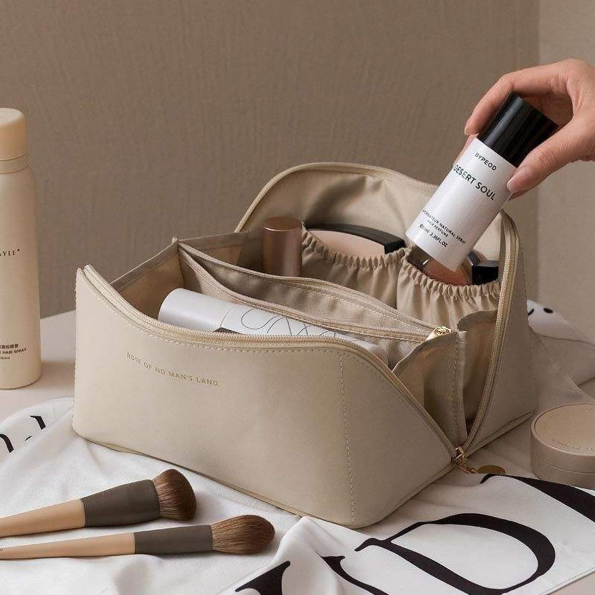 Large Capacity Travel Makeup Bag - Waterproof PU Leather Toiletry Bag with Top Handle