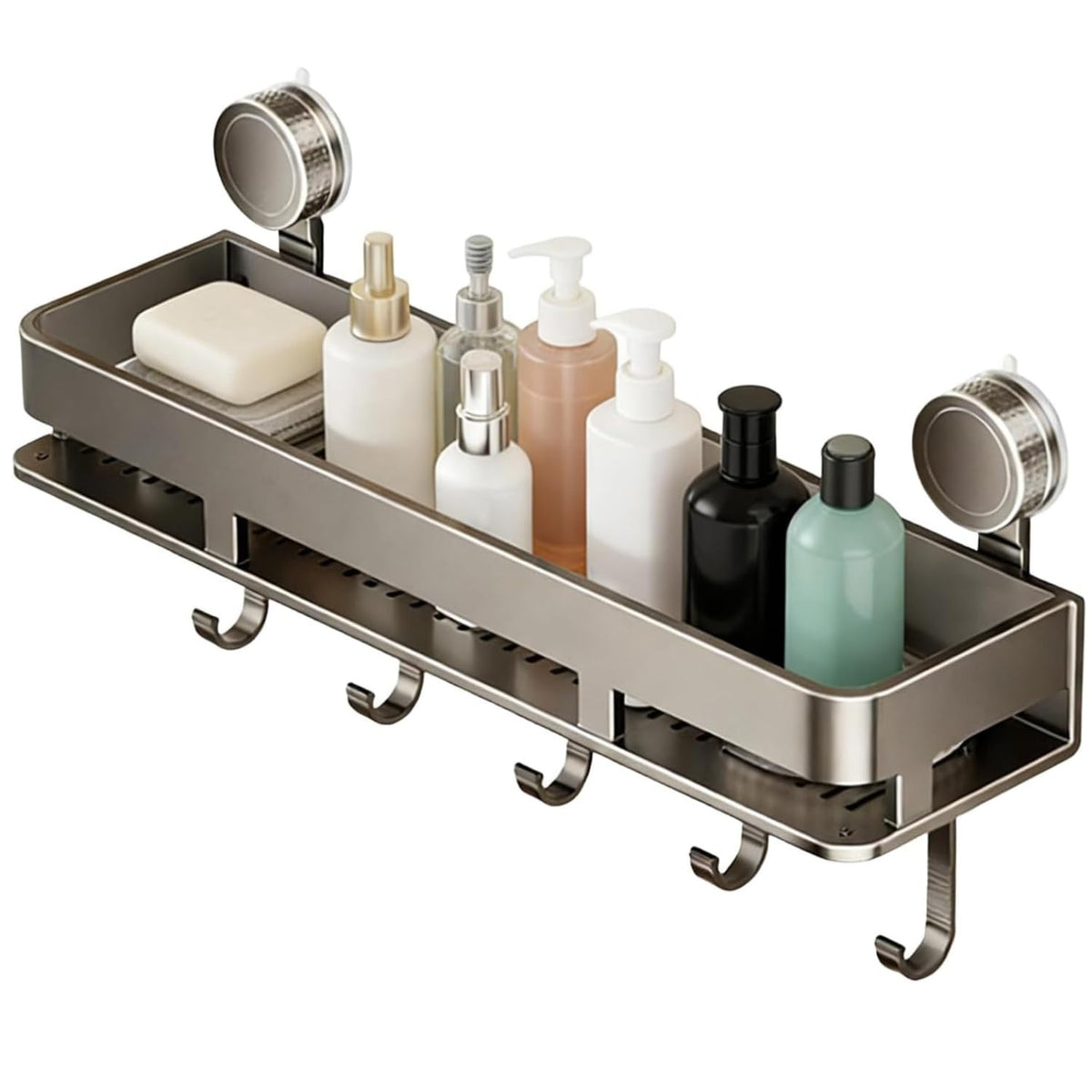 Suction Cup Shower Shelves 21in Carbon Steel Wall Mounted Shower Caddy Organizer Storage Rack with 5 Hooks